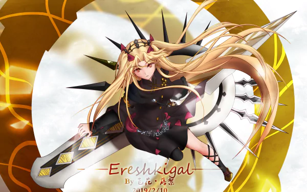 HD PC desktop wallpaper featuring Ereshkigal from Fate/Grand Order in anime style, showcasing her dynamic pose and intricate design against a glowing circular background.