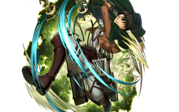 HD anime desktop wallpaper featuring Levi Ackerman from Attack on Titan in dynamic action pose with maneuvering gear and swirling energy trails.