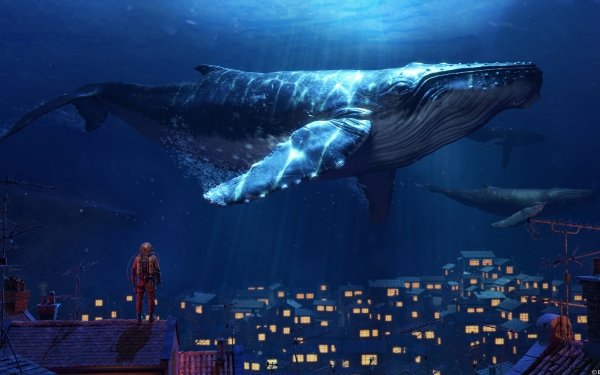Fantasy Whale Fantasy Animals Underwater Town HD Wallpaper | Background Image