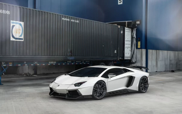 White Lamborghini Aventador supercar parked in an industrial loading bay, high-detail 8K Ultra HD PC desktop wallpaper.