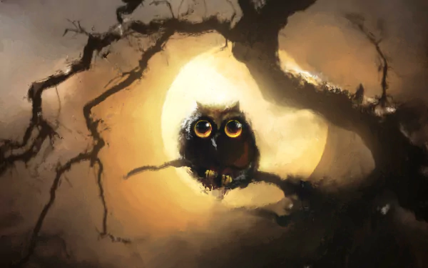 HD desktop wallpaper of an owl perched on a branch silhouetted against a glowing full moon in a dark, atmospheric night scene.
