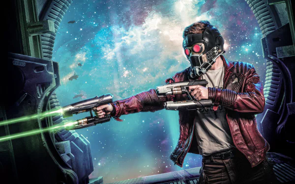 HD PC desktop wallpaper featuring Star Lord from Guardians of the Galaxy comic, aiming his dual blasters against a vivid cosmic backdrop.