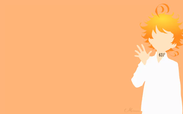 Minimalist HD desktop wallpaper featuring Emma from the anime The Promised Neverland in a vector art style. The background is a solid orange color with Emma in white and orange hues.
