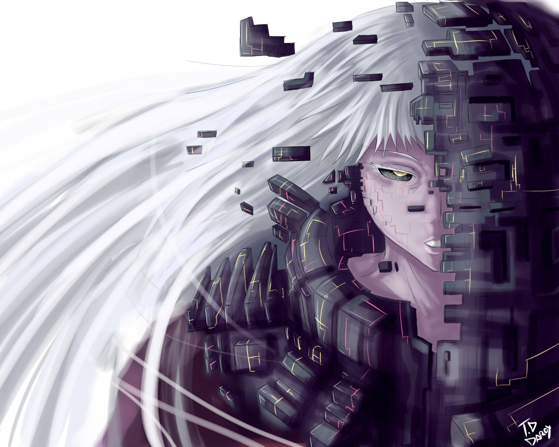 Anime original 4K Ultra HD PC desktop wallpaper background — half-cybernetic figure with flowing white hair, glowing green eye and scattered digital cubes.