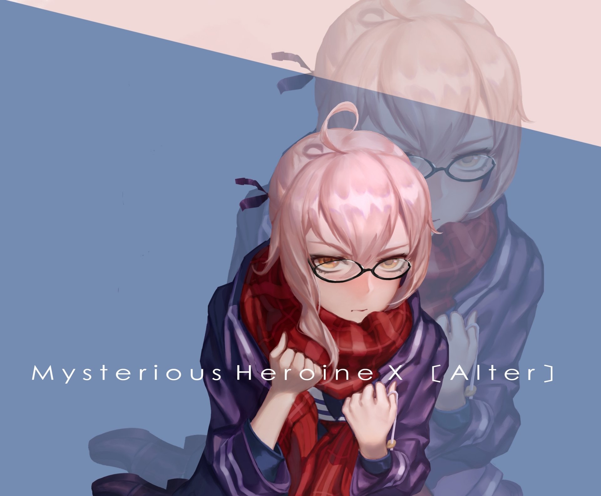 HD PC desktop wallpaper featuring Mysterious Heroine X Alter from the anime Fate/Grand Order, showcasing her with pink hair and glasses against a muted background.