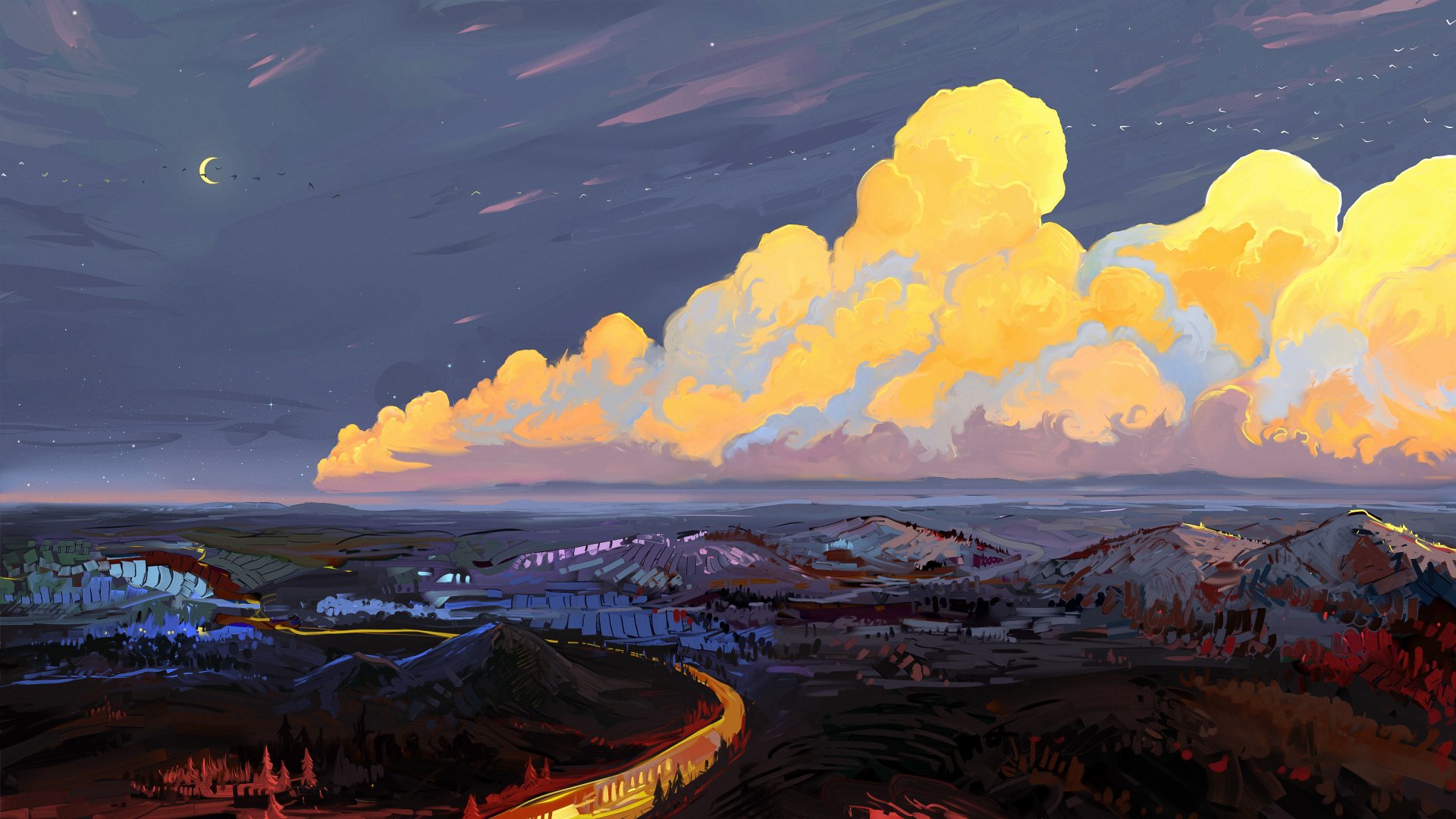 HD landscape wallpaper with an artistic depiction of rolling hills, a winding road, and vibrant clouds illuminated by a setting sun.