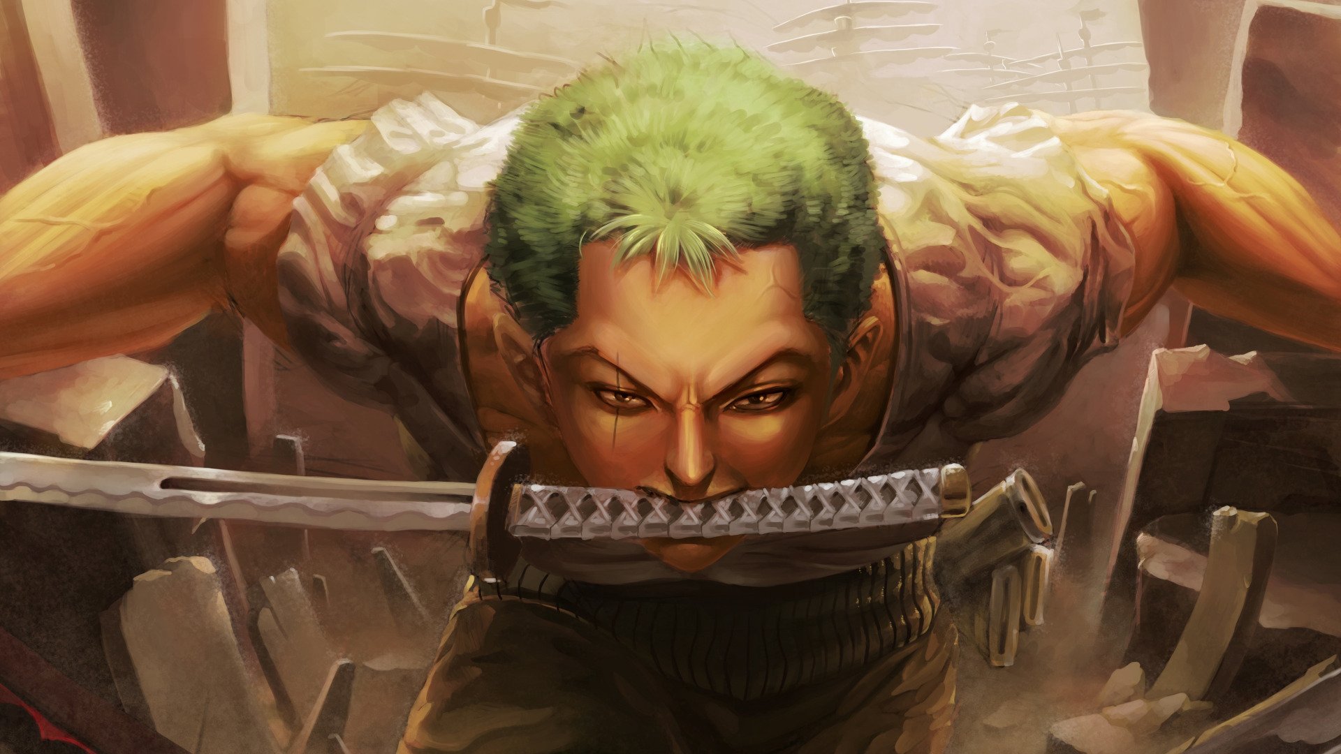 Roronoa Zoro from One Piece in an intense pose, holding a sword in his mouth, featured in a detailed HD anime desktop wallpaper.
