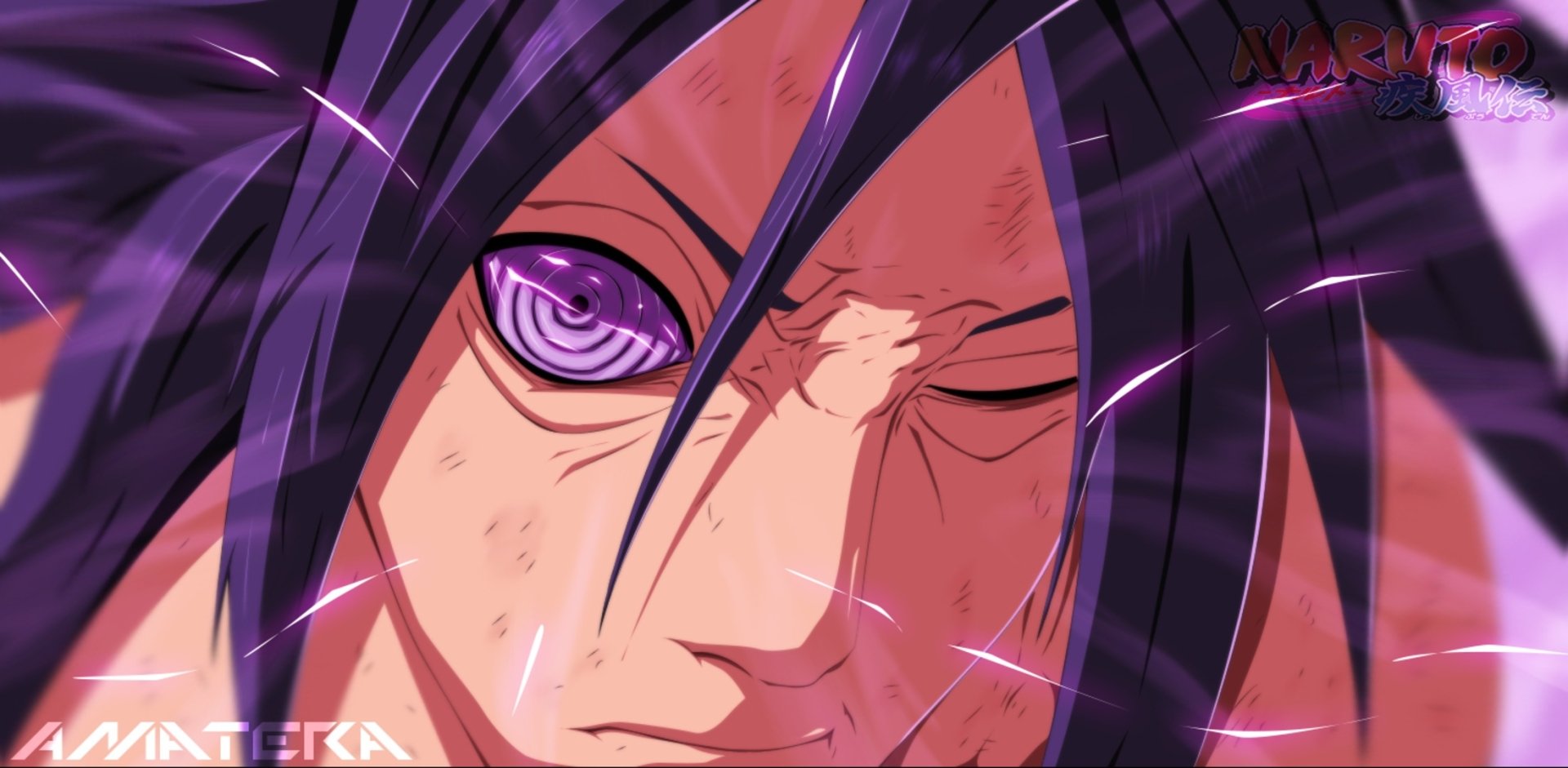 HD anime wallpaper featuring Madara Uchiha with the glowing Rinnegan eyes from Naruto, showcasing intense detail and vibrant purple hues.