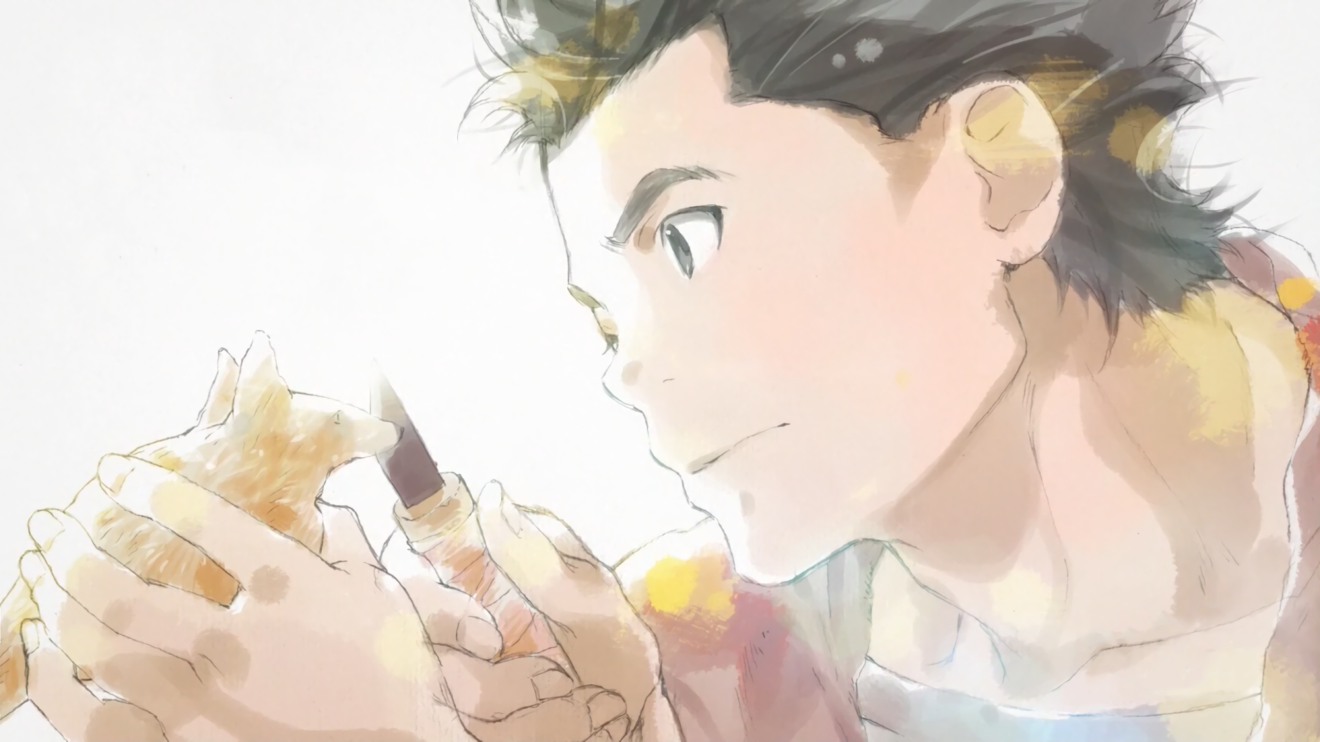 Moguzo from Grimgar of Fantasy and Ash — anime watercolor close-up of him cradling a small creature in soft light; 2K Quad HD PC desktop wallpaper/background