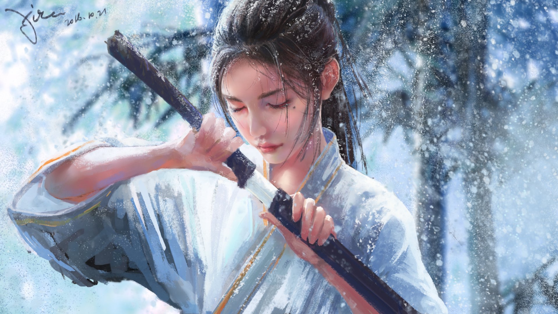 A fierce woman warrior, dressed as a samurai, prepares her sword amid a serene snowfall with delicate snowflakes in this fantasy HD desktop wallpaper.