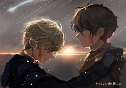 Aldnoah.Zero anime 2K Quad HD PC desktop wallpaper: Slaine Troyard and Inaho Kaizuka facing each other at sunset, rain and streaking light, blood on their faces.