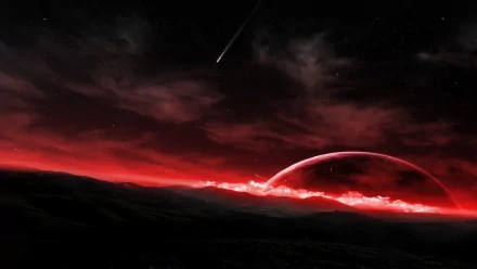 A stunning sci-fi desktop wallpaper featuring a dramatic planet rise against a dark, fiery sky, enhanced by a comet streaking across the horizon.