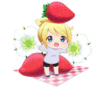 Anime original HD PC desktop wallpaper of a chibi blonde with blue eyes in a gray hoodie on a pink checkered mat, surrounded by oversized strawberries and white flowers, one strawberry perched on her head.