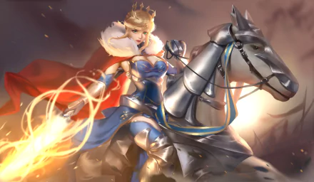 Artoria Pendragon (Lancer) from Fate/Grand Order in dynamic armor, wielding a glowing lance, riding a metallic horse, rendered in 4K Ultra HD anime style.