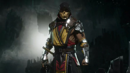 HD desktop wallpaper featuring Scorpion from Mortal Kombat 11. Dressed in yellow and black armor with a hood, the video game character stands in a dark, eerie background.