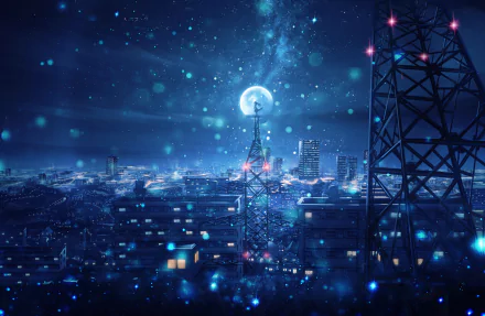 Anime-style cityscape at night with Tokyo Tower, surrounded by skyscrapers under a snowy sky, illuminated by the full moon. HD desktop wallpaper and background image.