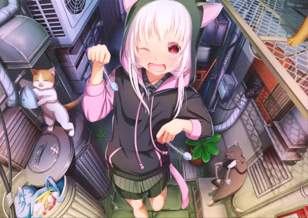 HD anime-style desktop wallpaper featuring a cheerful cat girl with white hair and pink eyes in an urban alley filled with trashcans, trash, and cats.