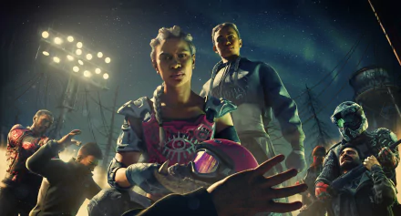 8K Ultra HD PC desktop wallpaper/background of the video game Far Cry New Dawn: two leaders in colorful post-apocalyptic gear with armed followers beneath floodlights and northern lights.