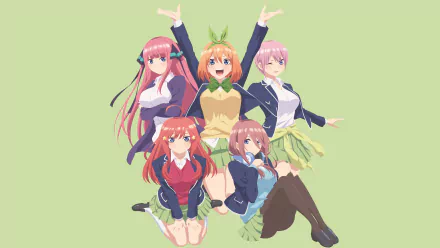 This HD desktop wallpaper features the Nakano quintuplets—Ichika, Nino, Miku, Yotsuba, and Itsuki—from the anime The Quintessential Quintuplets, against a soft green background.