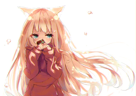 Anime-style cat girl with long hair and tears, holding a small gift, wearing a dress against a bright, minimal background. HD PC desktop wallpaper.