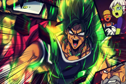 HD PC desktop wallpaper: Broly unleashing a green energy aura as Paragus and shocked onlookers react — anime scene from Dragon Ball Super: Broly.