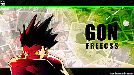 HD PC desktop wallpaper featuring Gon Freecss from the anime Hunter x Hunter with dynamic red and green hues and his name prominently displayed.