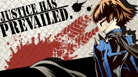 HD desktop wallpaper featuring Makoto Niijima from Persona 5 with the text Justice Has Prevailed on a textured background with red and black elements.
