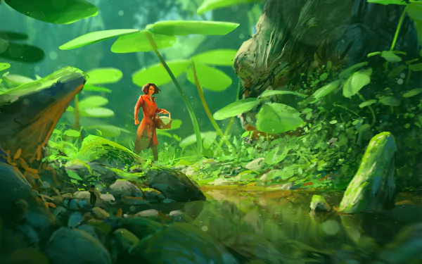 A fantasy scene in 4K Ultra HD of a woman carrying a basket near a serene lake surrounded by giant clovers and lush greenery.