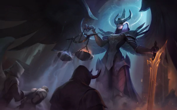 4K Ultra HD desktop wallpaper featuring Kayle from League of Legends, depicted as a powerful armored figure wielding scales in a dramatic, dark fantasy setting.