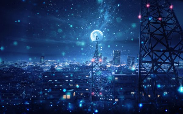 Anime City Moon Tokyo Tower Night Sky Light Snowfall HD Wallpaper | Background Image