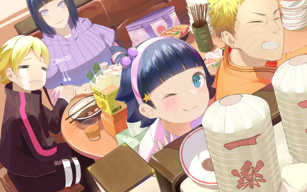 Anime HD wallpaper featuring Naruto Uzumaki, Hinata Hyuga, Boruto Uzumaki, and Himawari Uzumaki enjoying a meal together in a lively, colorful scene.