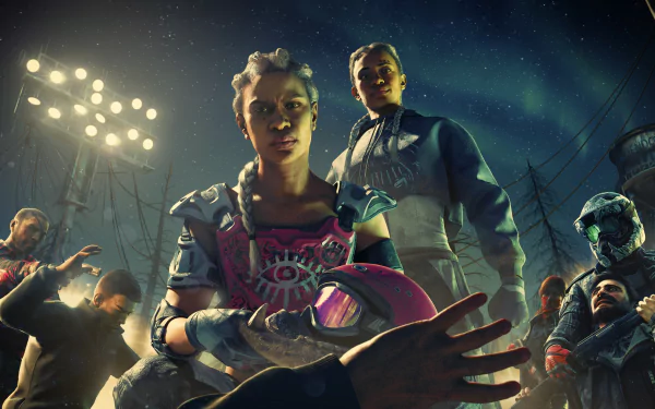 8K Ultra HD PC desktop wallpaper/background of the video game Far Cry New Dawn: two leaders in colorful post-apocalyptic gear with armed followers beneath floodlights and northern lights.