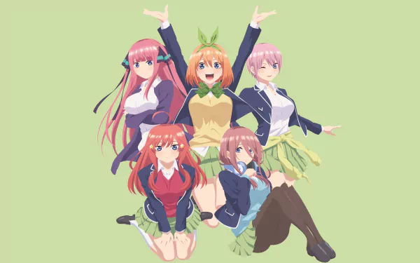 This HD desktop wallpaper features the Nakano quintuplets—Ichika, Nino, Miku, Yotsuba, and Itsuki—from the anime The Quintessential Quintuplets, against a soft green background.