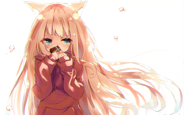 Anime-style cat girl with long hair and tears, holding a small gift, wearing a dress against a bright, minimal background. HD PC desktop wallpaper.