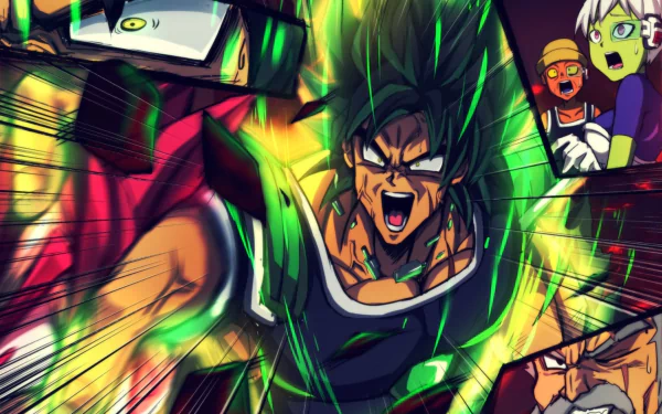 HD PC desktop wallpaper: Broly unleashing a green energy aura as Paragus and shocked onlookers react — anime scene from Dragon Ball Super: Broly.