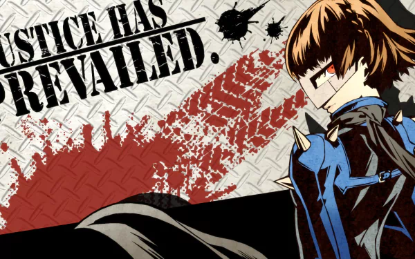 HD desktop wallpaper featuring Makoto Niijima from Persona 5 with the text Justice Has Prevailed on a textured background with red and black elements.