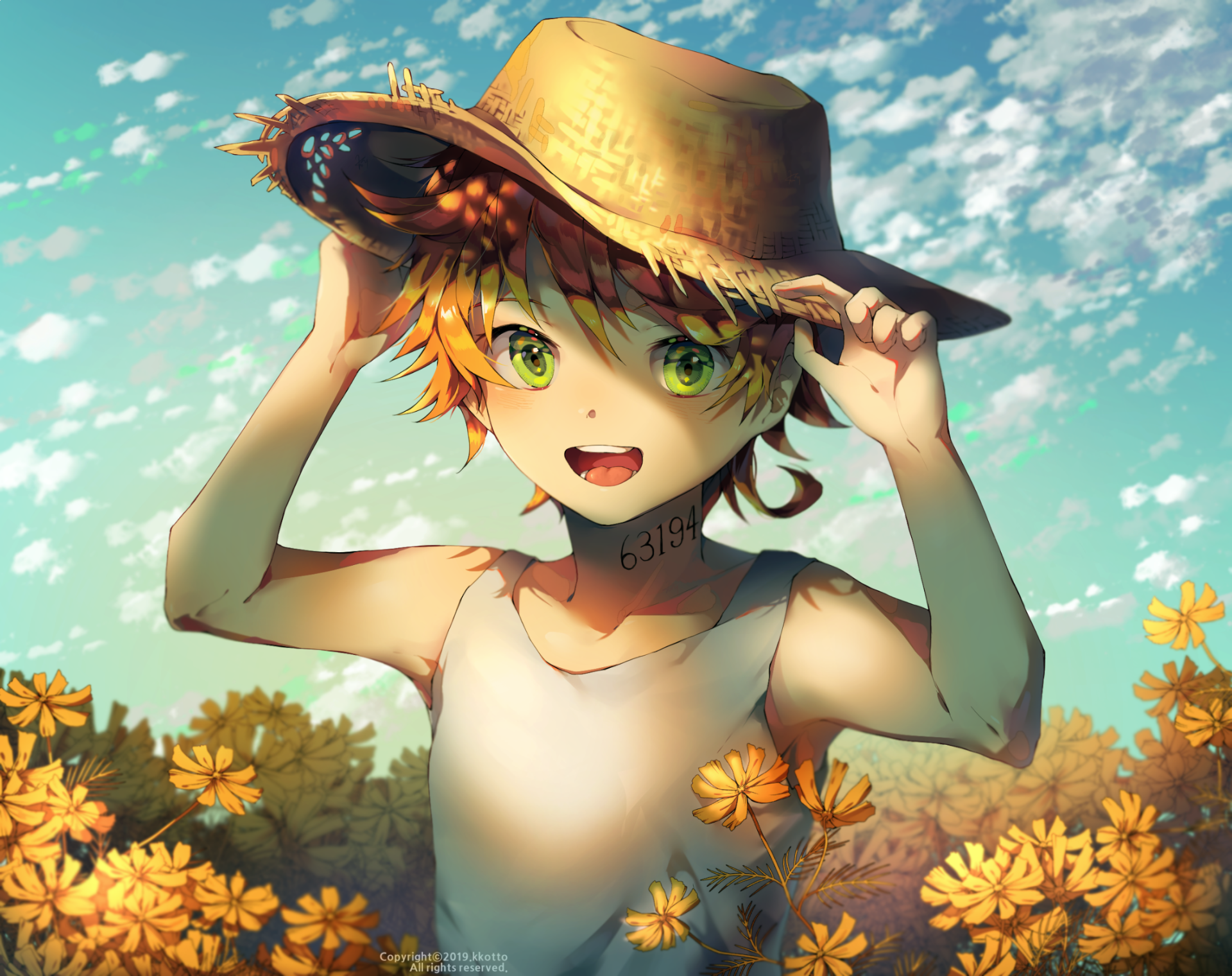 HD PC desktop wallpaper featuring Emma from the anime The Promised Neverland, smiling brightly while holding a straw hat amidst a field of yellow flowers under a blue sky.