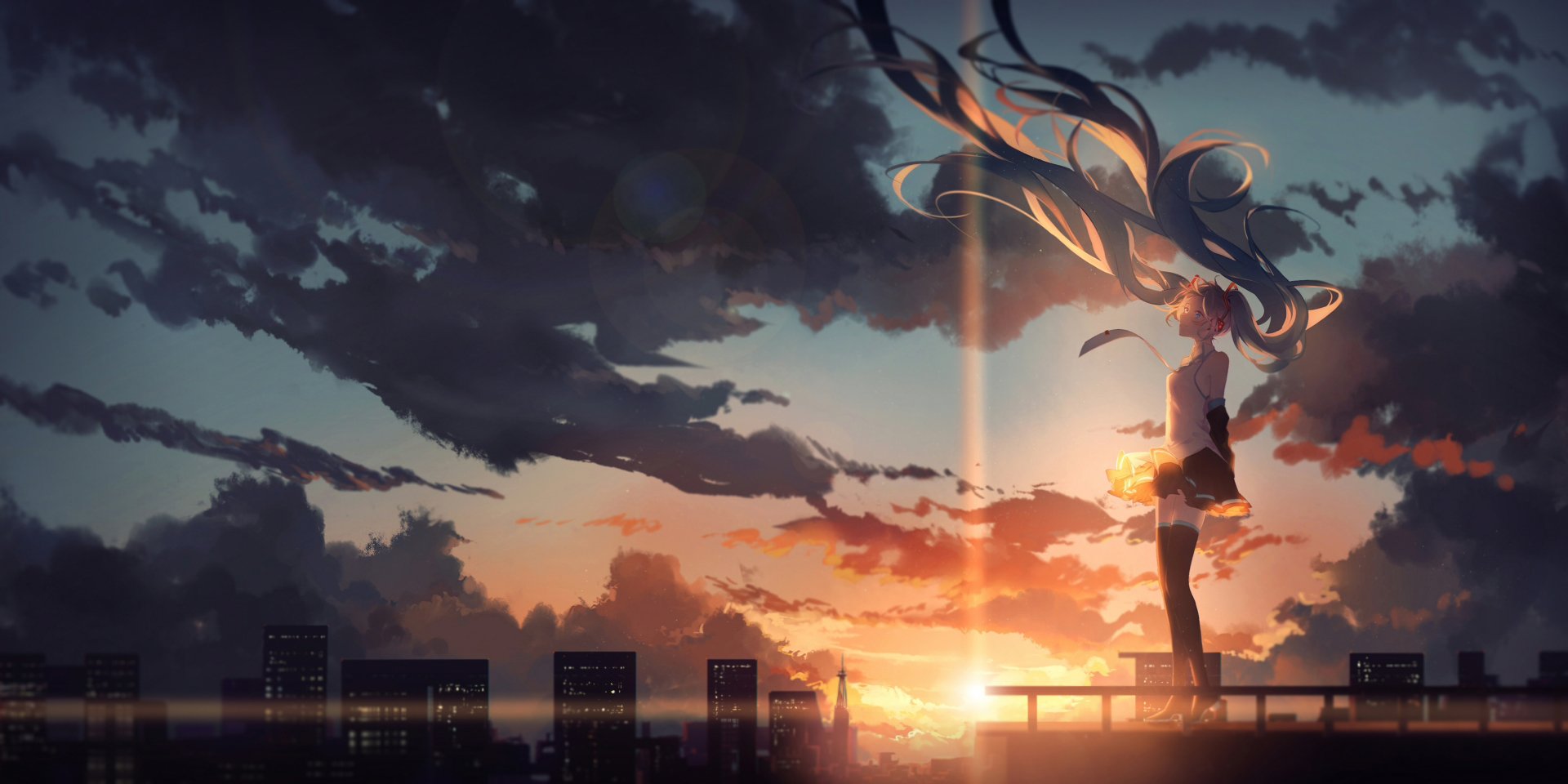 HD anime desktop wallpaper featuring Hatsune Miku from Vocaloid standing at sunset with flowing hair against a cityscape backdrop and dramatic clouds.