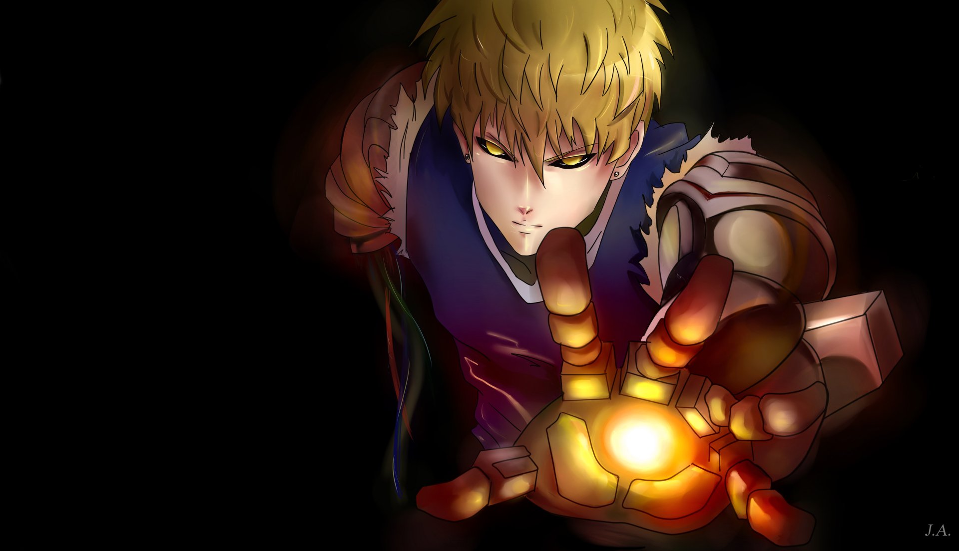 Genos from One-Punch Man anime depicted with glowing mechanical hand, rendered in 4K Ultra HD as a striking PC desktop wallpaper.