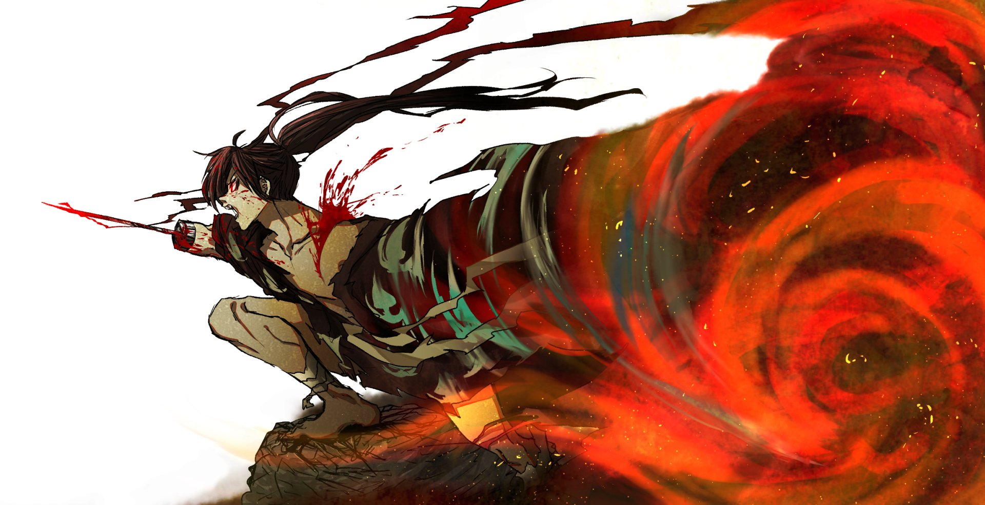 HD desktop wallpaper depicting Hyakkimaru from the anime Dororo in an intense action pose with red eyes and dynamic blood effects. He is surrounded by swirling red and black colors.