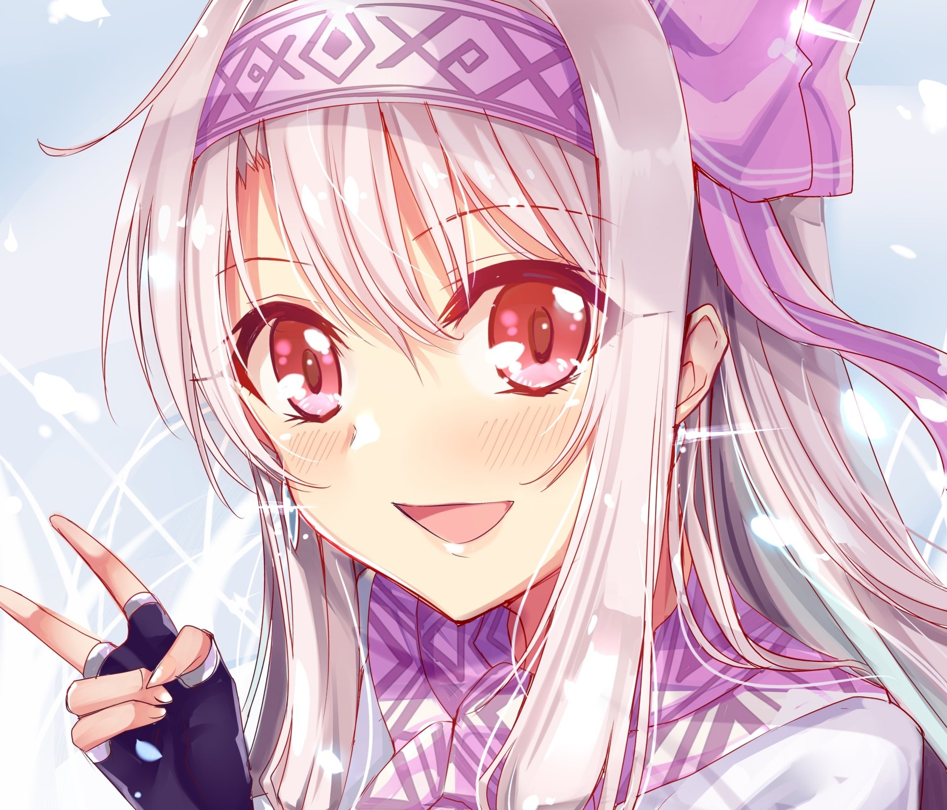 HD PC desktop wallpaper featuring Illyasviel Von Einzbern from the anime Fate/Grand Order with detailed pink eyes and flowing white hair accented by a purple outfit.