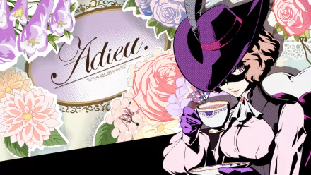 HD PC desktop wallpaper featuring Haru Okumura from the video game Persona 5, with floral accents and the word Adieu elegantly displayed.