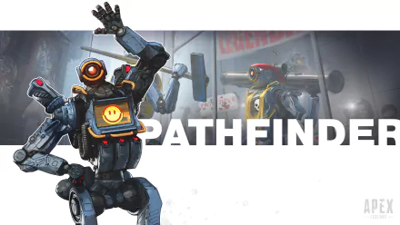 HD PC desktop wallpaper featuring Pathfinder from Apex Legends, showcasing the iconic video game character with a bright smiley face screen and mechanical details.