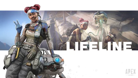 HD PC desktop wallpaper featuring Lifeline from the video game Apex Legends, showcasing the character in vibrant detail with the game's logo in the background.