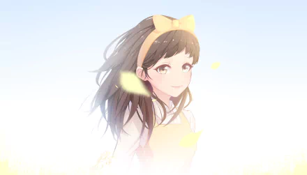 HD anime original art of a girl with flowing brown hair and a yellow headband, set against a soft, bright background, designed as a PC desktop wallpaper.