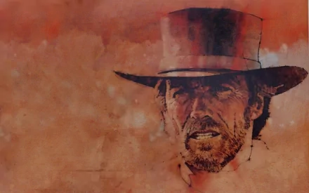 HD desktop wallpaper featuring Clint Eastwood as the gun-wielding character from the movie Pale Rider, set against a warm, textured background.