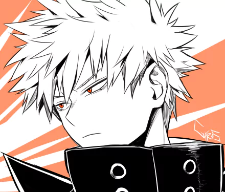 HD PC desktop wallpaper featuring Katsuki Bakugou from the anime My Hero Academia in a bold black and white style with an orange geometric background.