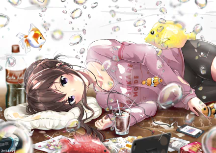 HD anime girl with brown hair and braided style, purple eyes, wearing earbuds, lying on the floor among floating bubbles and fish. She is surrounded by personal items, creating a cozy and whimsical atmosphere.