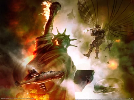 HD PC desktop wallpaper featuring intense battle scenes from the video game World In Conflict, with the Statue of Liberty engulfed in flames amid military aircraft and paratroopers.