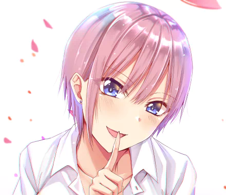 Anime character Ichika Nakano from The Quintessential Quintuplets smiling, with pink hair, blue eyes, and a blush. This HD desktop wallpaper and background portrays a charming and bright anime artwork.